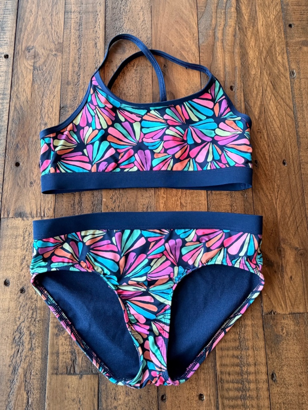 Lands’ End Girls 2 Piece Bikini Swimsuit Size 10-12 L Colorful Floral
